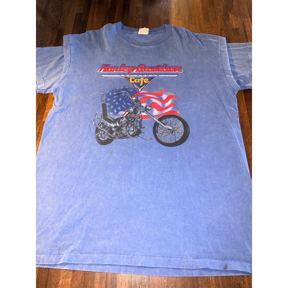 Vintage Harley Davidson Cafe Las Vegas Blue Graphic T-Shirt Mens Medium USA Made